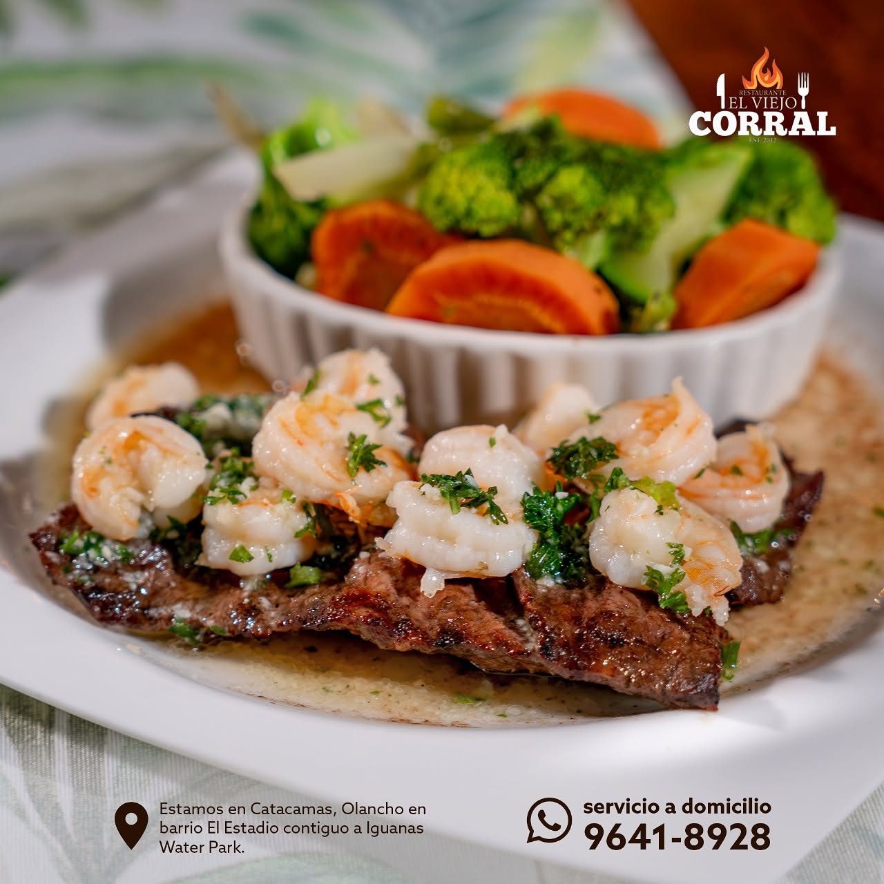 Churrasco con camarones al ajillo